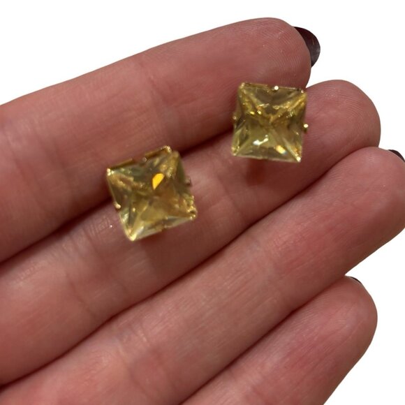 2 Pair Earrings Yellow Princess Cut And Vintage Style Rhinestone Drop Art Deco - Picture 2 of 10